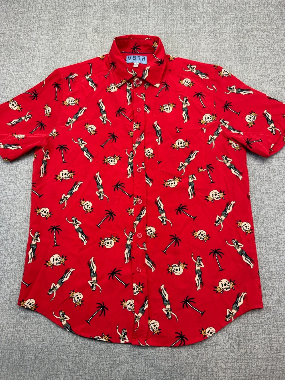 VSTR Mens Red Hula Girl Skull Hawaiian Shirt